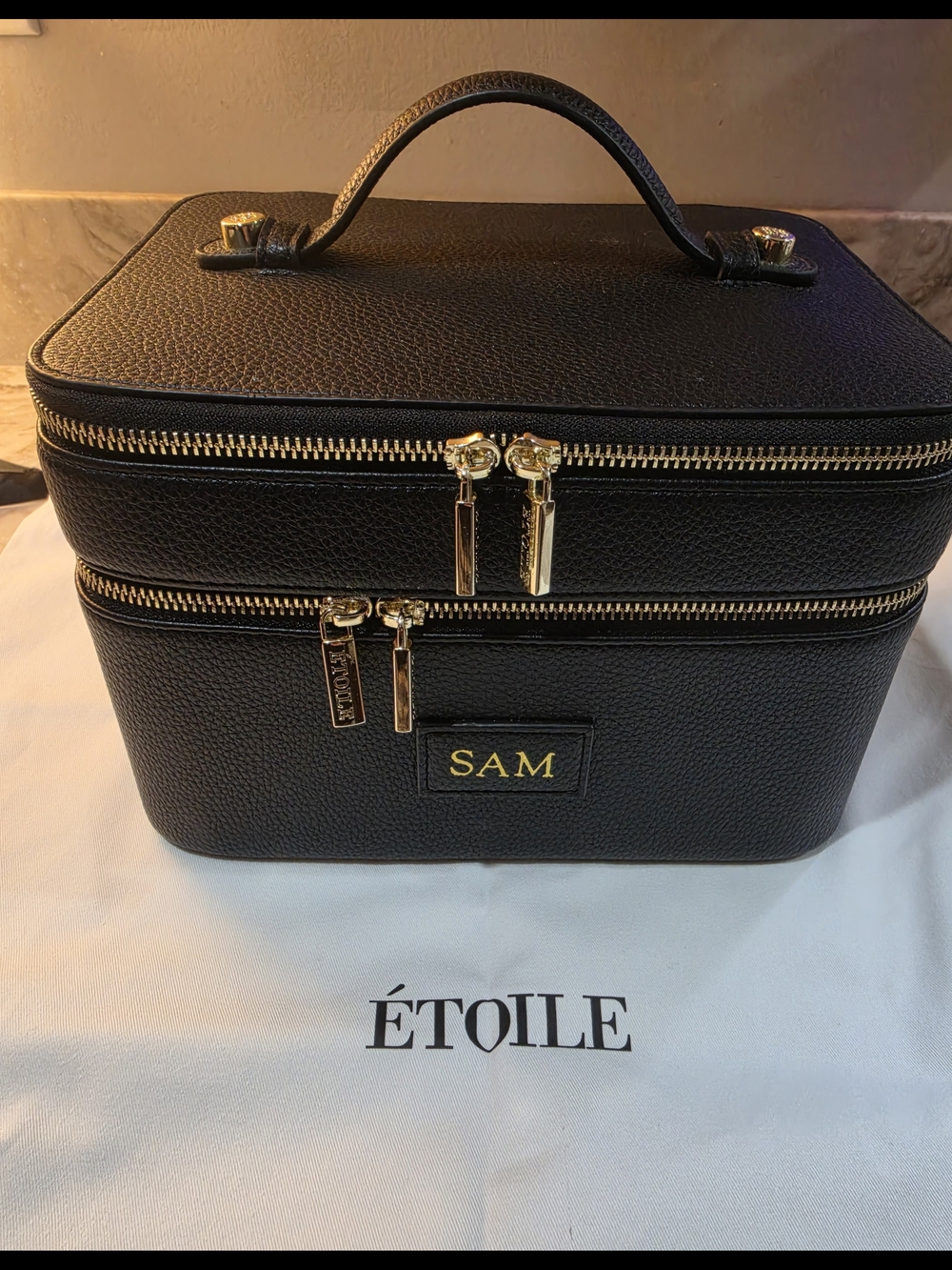 Personalized Black Leather Train Case with Gold Hardware - 'SAM'